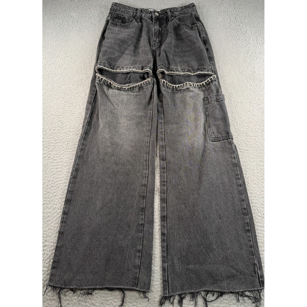 PTCL Ethikal Jeans Womens 27x29 Gray Rhinestone Slit Wide Leg Denim Distressed